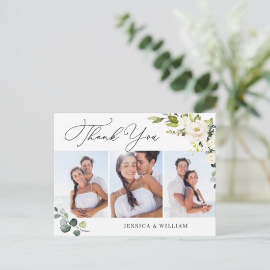 ユーカリ白いバラ結婚スの3写真ありがとう ポストカード (スタンド正面)