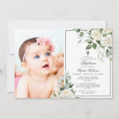 ユーカリ白い花フォトガールバプテスマ 招待状 (正面)