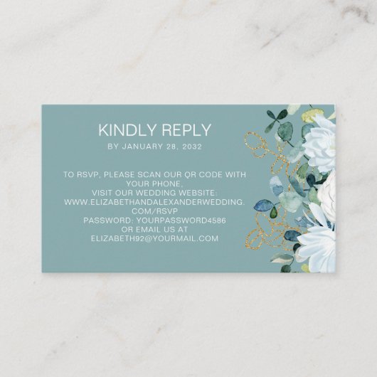ユーカリ白花ティール(緑がかった色)QRコードオンラインRSVP エンクロージャーカード (正面)