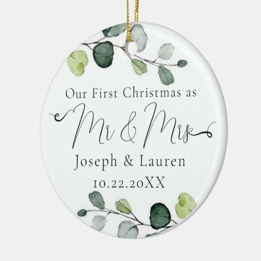 ユーカリ私たちの結婚した初めてのクリスマスミスターとミセス セラミックオーナメント (左)