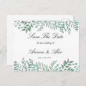 ユーカリ素朴の緑の結婚式の日付を保存 ポストカード (正面/裏面)