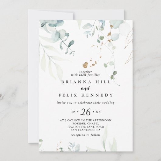 ユーカリ素朴カリ金ゴールドフローラカジュアル結婚の 招待状 (正面)