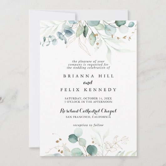 ユーカリ素朴カリ金ゴールドフローラ伝統的結婚の 招待状 (正面)