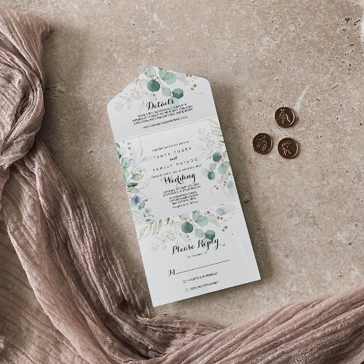 ユーカリ素朴カリ金ゴールドフローラ結婚ズ オールインワン招待状