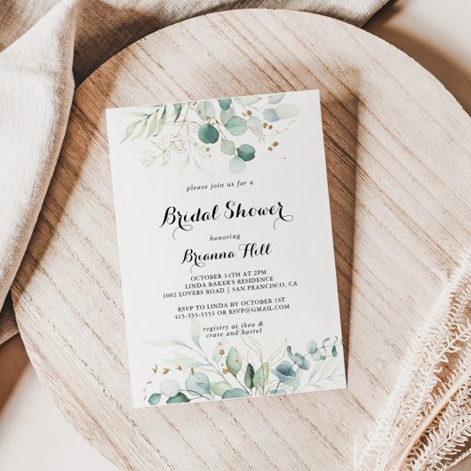 ユーカリ素朴カリ金ゴールド書道ブライダルシャワー 招待状