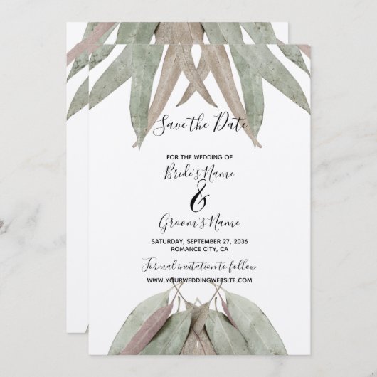 ユーカリ素朴パイルリーフ結婚式の日付を保存 セーブザデート (正面/裏面)