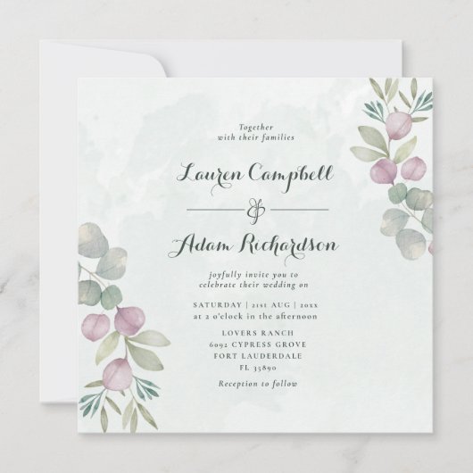 ユーカリ素朴プサージグリーン&ピンク結婚ズ 招待状 (正面)