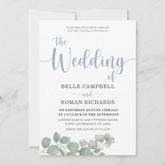 ユーカリ素朴プスタースブルー結婚式招待状 招待状 (正面)