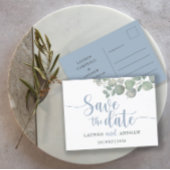 ユーカリ素朴プスティ・ブルー・ウェディング日付を保存 ポストカード