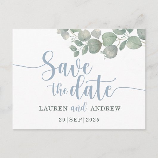 ユーカリ素朴プスティ・ブルー・ウェディング日付を保存 ポストカード (正面)
