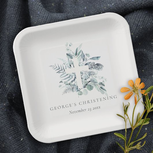 ユーカリ素朴プスファーンブロージクロス《キリスト教》洗礼式や命名式 ペーパープレート