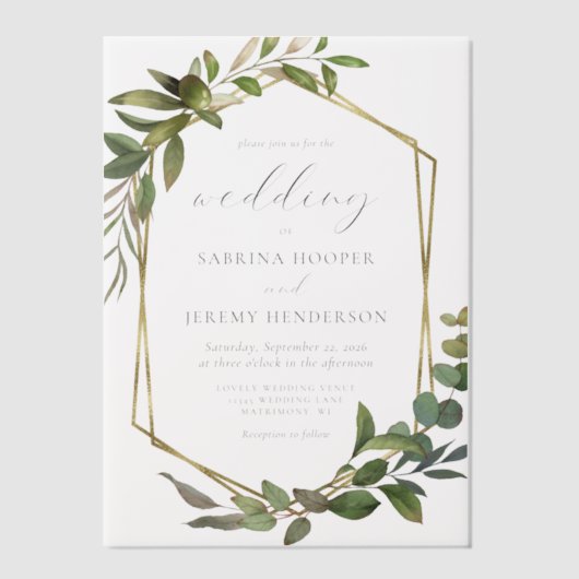 ユーカリ素朴プタスオリーブ金ゴールドフレ結婚ーム ベラム紙招待状 (正面)