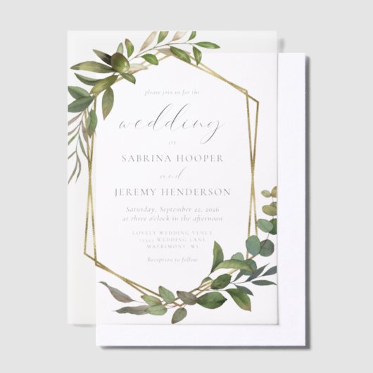 ユーカリ素朴プタスオリーブ金ゴールドフレ結婚ーム ベラム紙招待状 (オフセット)