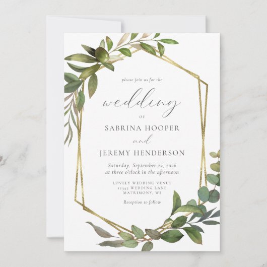 ユーカリ素朴プタスオリーブ金ゴールドフレ結婚ーム 招待状 (正面)