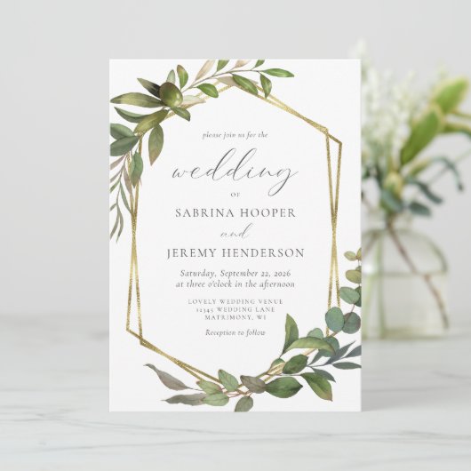 ユーカリ素朴プタスオリーブ金ゴールドフレ結婚ーム 招待状 (スタンド正面)