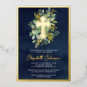 ユーカリ素朴プタスグリーンバプテスネイビーブルー金ゴールド 箔招待状 (正面)