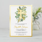 ユーカリ素朴プタスグリーンバプテスマ金ゴールド 箔招待状 (立ち正面)