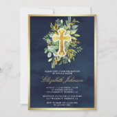ユーカリ素朴プタスグリーンリー海軍ブルー金ゴールドバプテスマ 招待状 (正面)