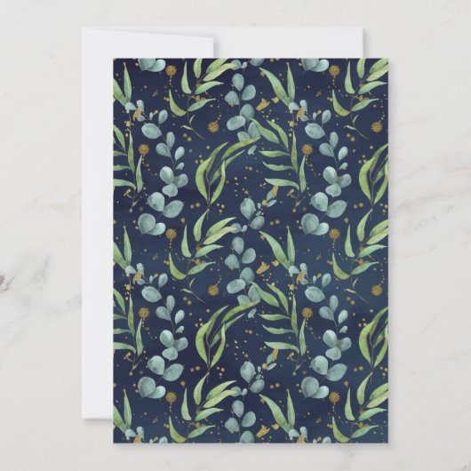 ユーカリ素朴プタスグリーンリー海軍ブルー金ゴールドバプテスマ 招待状 (裏面)