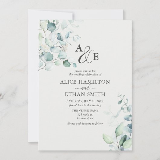 ユーカリ素朴プタススクリプトサマー結婚式招待状 招待状 (正面)