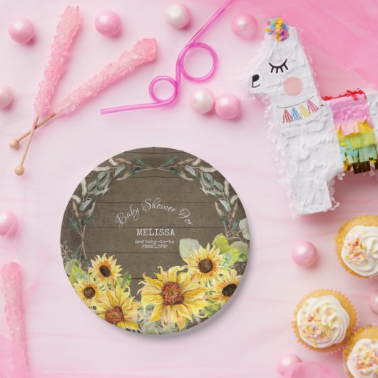 ユーカリ素朴プタスリーフ秋サンフラワーベビーシャワー ペーパープレート (パーティー)