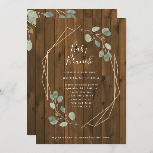 ユーカリ素朴プツグリーンリー幾何ベビーブランチ 招待状 (正面/裏面)