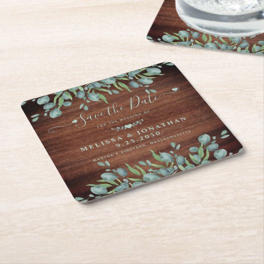 ユーカリ素朴プトゥスの木の結婚式の日付を保存 スクエアペーパーコースター (アングル)