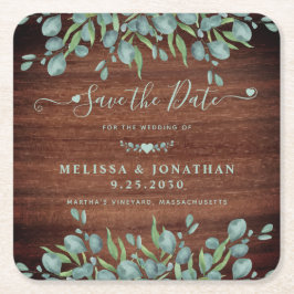 ユーカリ素朴プトゥスの木の結婚式の日付を保存 スクエアペーパーコースター