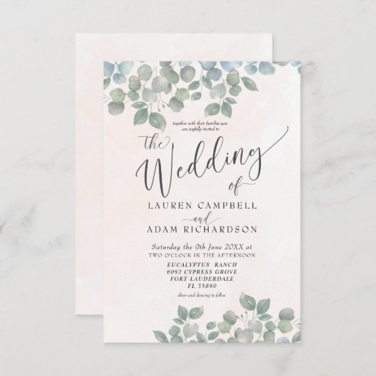 ユーカリ素朴プトゥスグリーン&コーラルウォーター結婚カラー 招待状 (正面/裏面)