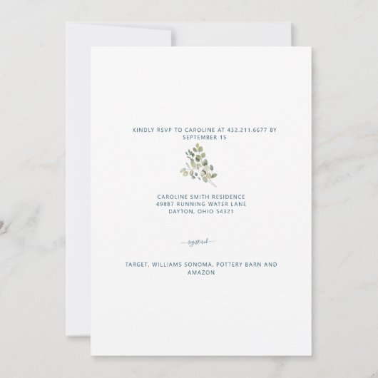 ユーカリ素朴プトゥスサンフラワーティール（緑がかった色）ブライダルシャワー 招待状 (裏面)