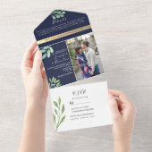 ユーカリ素朴プトゥスネイビーブルー結婚ズ オールインワン招待状 (貼ってはがせる)