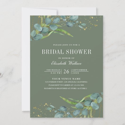 ユーカリ素朴プトゥスフォトセージグリーンブライダルシャワー 招待状 (正面)