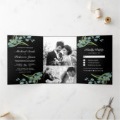 ユーカリ素朴プトゥス写真コラージブラック結婚ズ 三つ折り招待状 (内部)