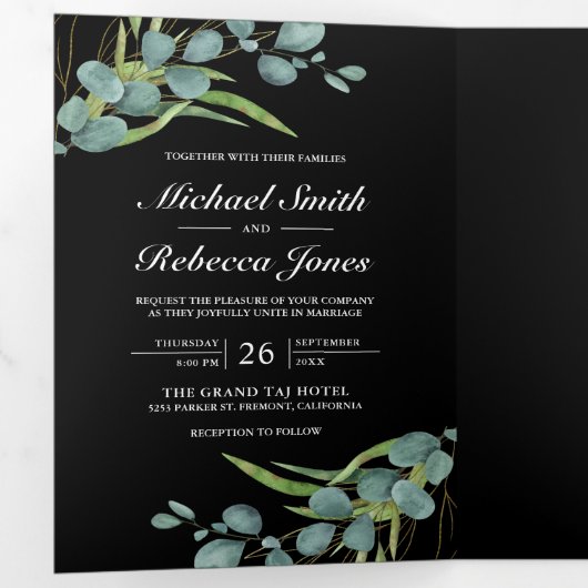 ユーカリ素朴プトゥス写真コラージブラック結婚ズ 三つ折り招待状 (内部最初)