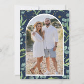 ユーカリ素朴プトゥス写真ネイビーブルー結婚ズ セーブザデート (裏面)