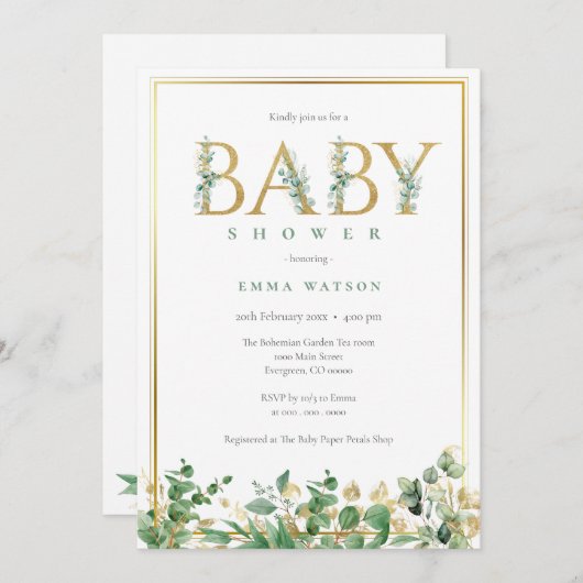 ユーカリ素朴ープトゥス黄金文字フレーム赤ちゃんシャワー 招待状 (正面/裏面)