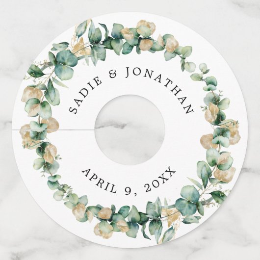 ユーカリ素朴金ゴールドエレガントな結婚式 ワイングラスタグ (正面)