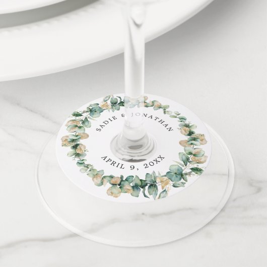 ユーカリ素朴金ゴールドエレガントな結婚式 ワイングラスタグ (クローズアップ)