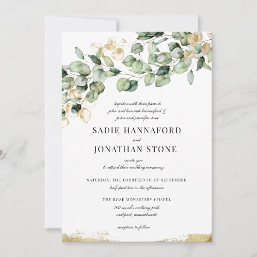 ユーカリ素朴金ゴールドエレガントボタニッ結婚クス 招待状 (正面)