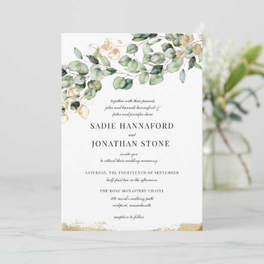 ユーカリ素朴金ゴールドエレガントボタニッ結婚クス 招待状 (スタンド正面)