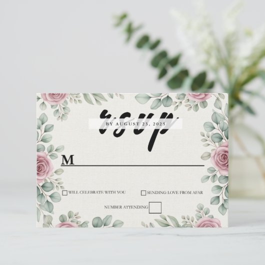 ユーカリ素朴・ピンクローズウェディングRSVPカード 出欠カード (スタンド正面)