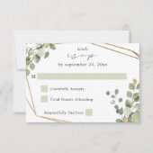 ユーカリ素朴&金ゴールドフレームいいえ食事RSVP V2 出欠カード (正面)