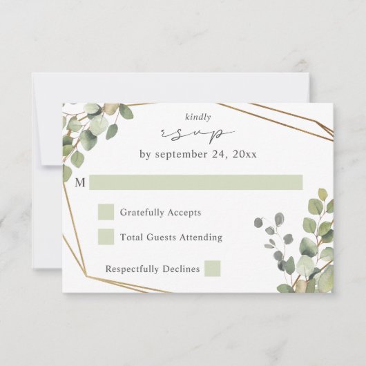 ユーカリ素朴&金ゴールドフレームいいえ食事RSVP V2 出欠カード (正面)