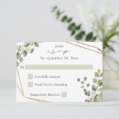 ユーカリ素朴&金ゴールドフレームいいえ食事RSVP V2 出欠カード (スタンド正面)