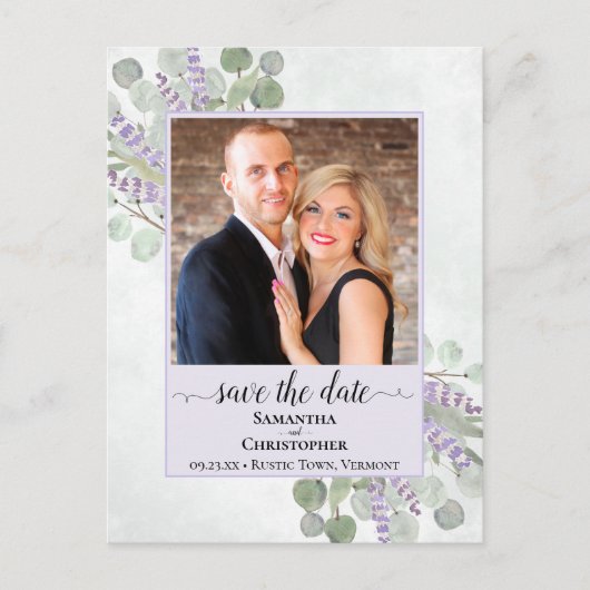 ユーカリ紫色の結婚式の日付写真を保存 案内ポストカード (正面)