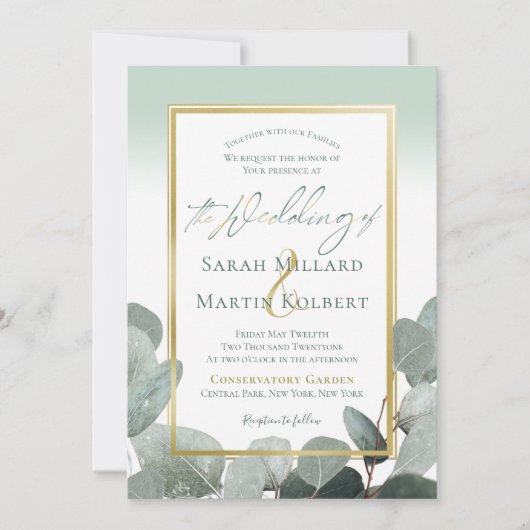 ユーカリ結婚の埃の多い青結婚緑 招待状 (正面)