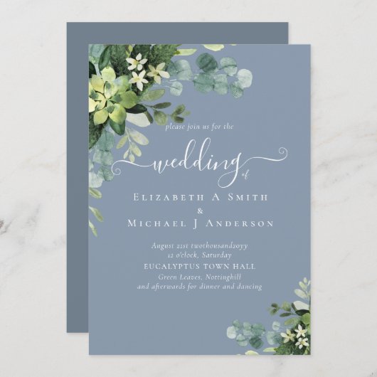 ユーカリ結婚の水彩緑の招待状 (正面/裏面)