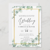 ユーカリ結婚グリーンリーのQRコードモダン予算 招待状 (正面)