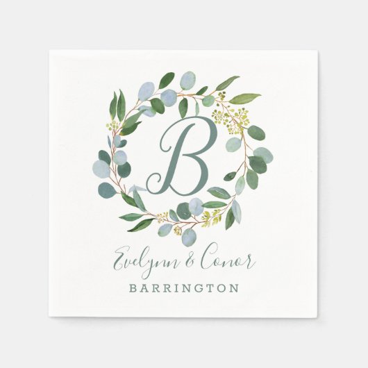 ユーカリ結婚プタスを用いたモノグラムの緑のリース スタンダードカクテルナプキン (正面)
