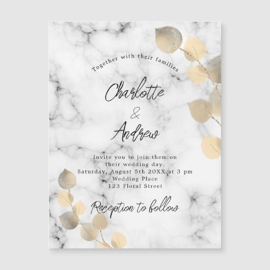 ユーカリ結婚プトゥス大理石ゴールデンラグジュアリー マグネット招待状 (正面)